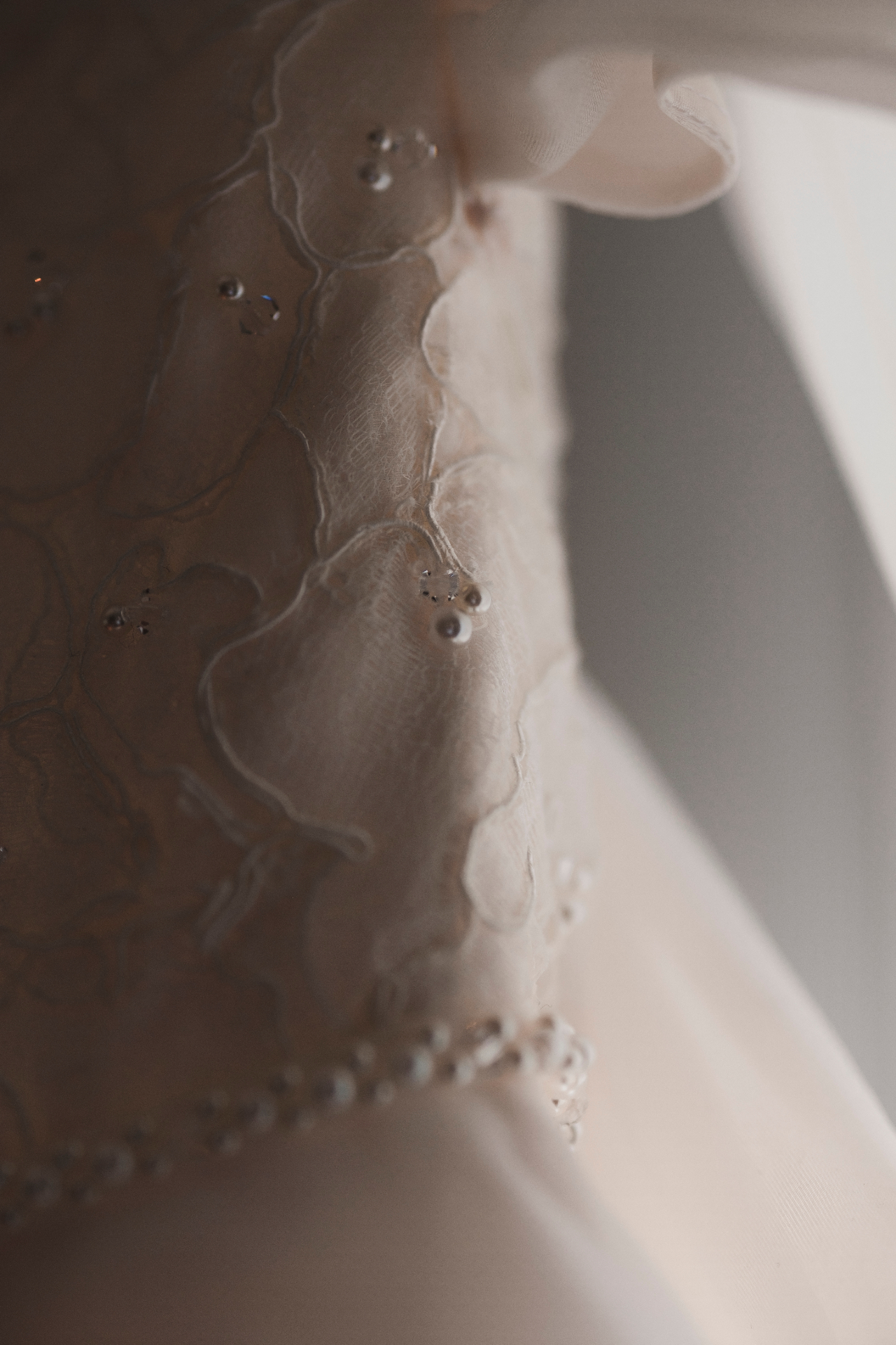 Close-up of beaded lace detail on the bride's gown